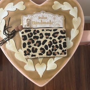 India Handmade Beaded Leopard Zippered Travel Pouch Bag